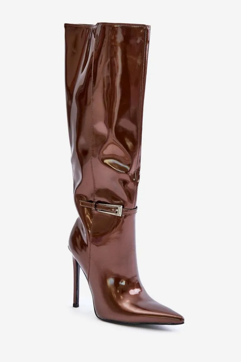 Kozaki Lakierowane Ocieplane Na Szpilce Z Klamrą Brązowe Tameliae