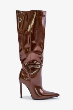 Kozaki Lakierowane Ocieplane Na Szpilce Z Klamrą Brązowe Tameliae