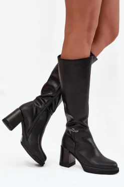 Kozaki Muszkieterki Damskie Z Naturalnej Skóry Na Słupku Ocieplane Vinceza 66826 Czarne