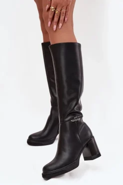 Kozaki Muszkieterki Damskie Z Naturalnej Skóry Na Słupku Ocieplane Vinceza 66826 Czarne