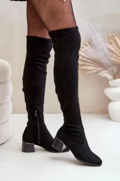 Kozaki Na Obcasie Klocku Za Kolano Z Eko Zamszu Czarne Galadi