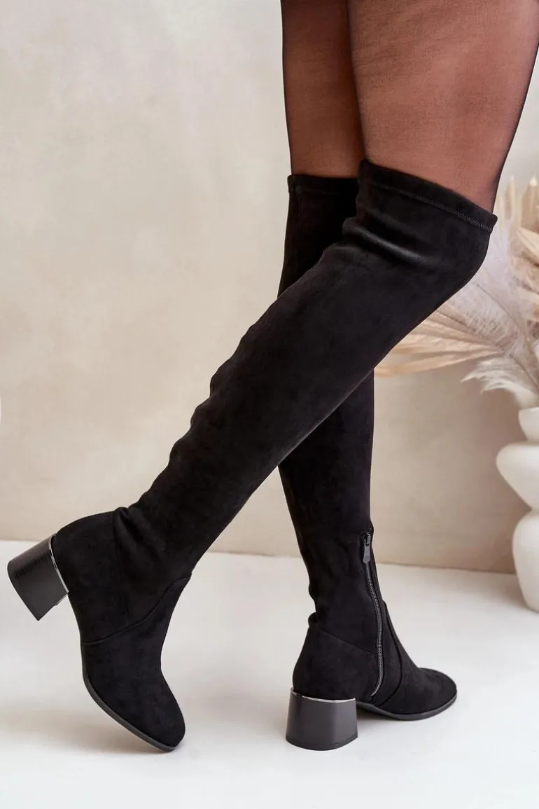 Kozaki Na Obcasie Klocku Za Kolano Z Eko Zamszu Czarne Galadi