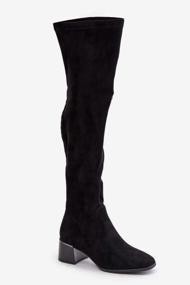 Kozaki Na Obcasie Klocku Za Kolano Z Eko Zamszu Czarne Galadi