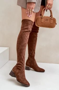 Kozaki Na Obcasie Klocku Za Kolano Z Eko Zamszu Brązowe Galadi