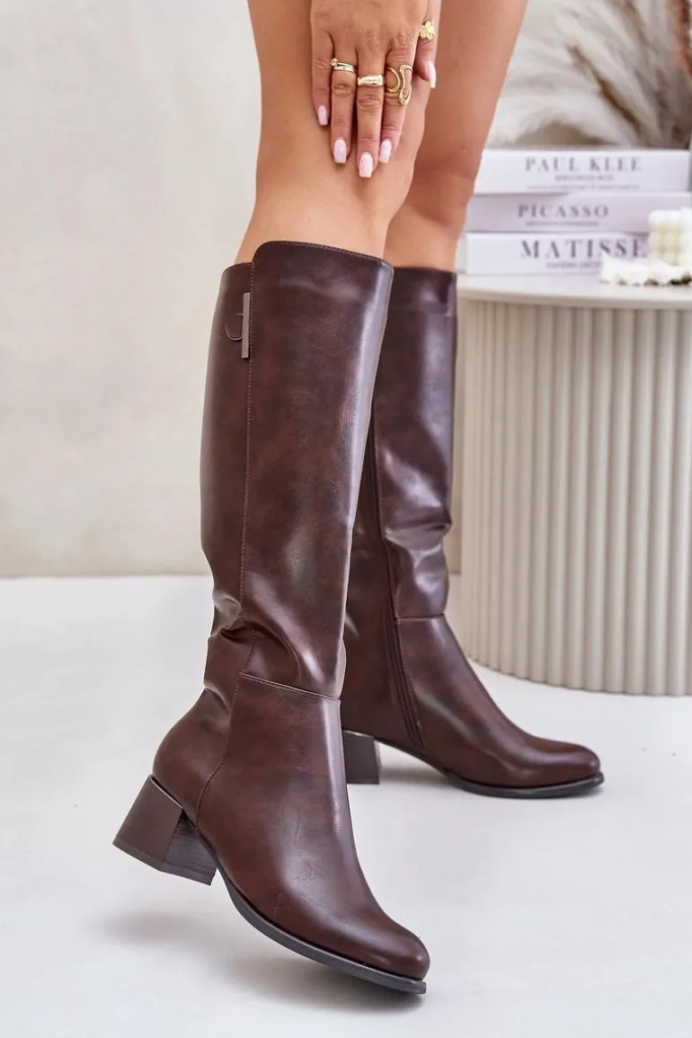 Kozaki Na Obcasie Z Eko Skóry Przed Kolano Brązowe Izanae