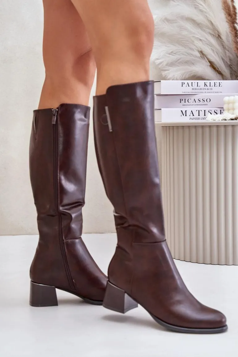 Kozaki Na Obcasie Z Eko Skóry Przed Kolano Brązowe Izanae
