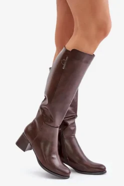 Kozaki Na Obcasie Z Eko Skóry Przed Kolano Brązowe Izanae