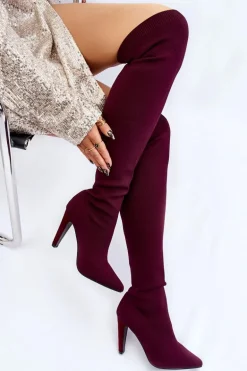 Kozaki Na Obcasie Ze Skarpetą Bordowe Renoli