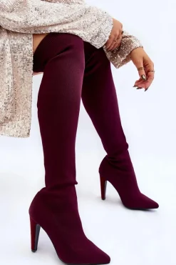 Kozaki Na Obcasie Ze Skarpetą Bordowe Renoli