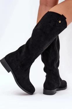 Kozaki Na Płaskim Obcasie Z Ażurowym Wzorem S.Barski HY51-062 Czarne