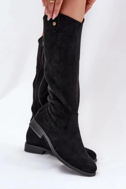 Kozaki Na Płaskim Obcasie Z Ażurowym Wzorem S.Barski HY51-062 Czarne