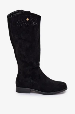 Kozaki Na Płaskim Obcasie Z Ażurowym Wzorem S.Barski HY51-062 Czarne