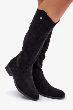 Kozaki Na Płaskim Obcasie Z Ażurowym Wzorem S.Barski HY51-062 Czarne