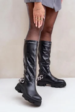 Kozaki Na Płaskim Obcasie Z Łańcuchem Czarne Nauricette