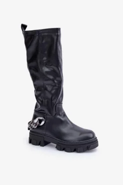 Kozaki Na Płaskim Obcasie Z Łańcuchem Czarne Nauricette