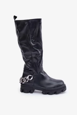 Kozaki Na Płaskim Obcasie Z Łańcuchem Czarne Nauricette