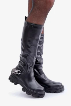 Kozaki Na Płaskim Obcasie Z Łańcuchem Czarne Nauricette