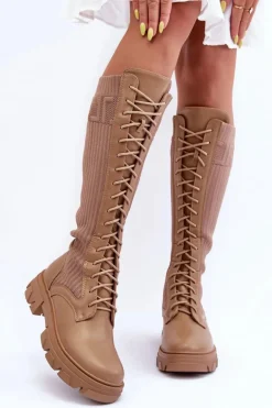 Kozaki Na Płaskim Obcasie Ze Skarpetą Ciemnobeżowe Itona