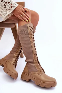 Kozaki Na Płaskim Obcasie Ze Skarpetą Ciemnobeżowe Itona