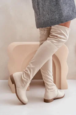 Kozaki Na Płaskim Obcasie Za Kolano Z Eko Zamszu Beżowe Linnithia
