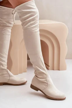 Kozaki Na Płaskim Obcasie Za Kolano Z Eko Zamszu Beżowe Linnithia