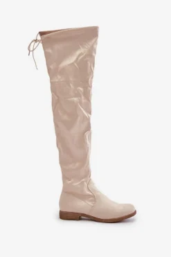 Kozaki Na Płaskim Obcasie Za Kolano Z Eko Zamszu Beżowe Linnithia