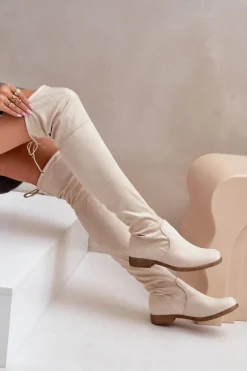 Kozaki Na Płaskim Obcasie Za Kolano Z Eko Zamszu Beżowe Linnithia