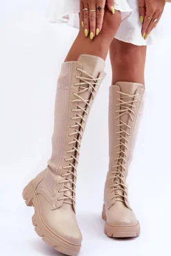 Kozaki Na Płaskim Obcasie Ze Skarpetą Beżowe Itona