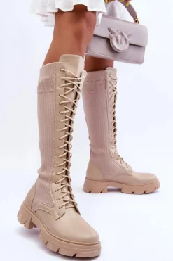 Kozaki Na Płaskim Obcasie Ze Skarpetą Beżowe Itona