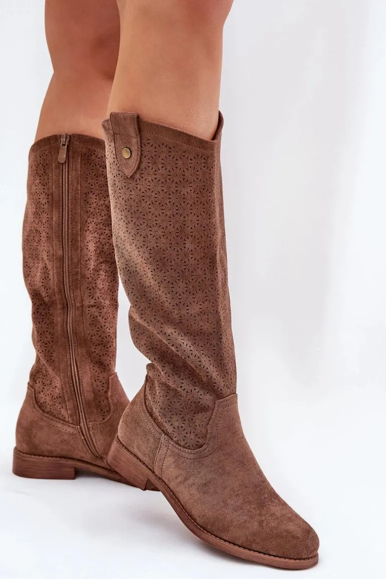 Kozaki Na Płaskim Obcasie Z Ażurowym Wzorem S.Barski HY51-062 Brązowe