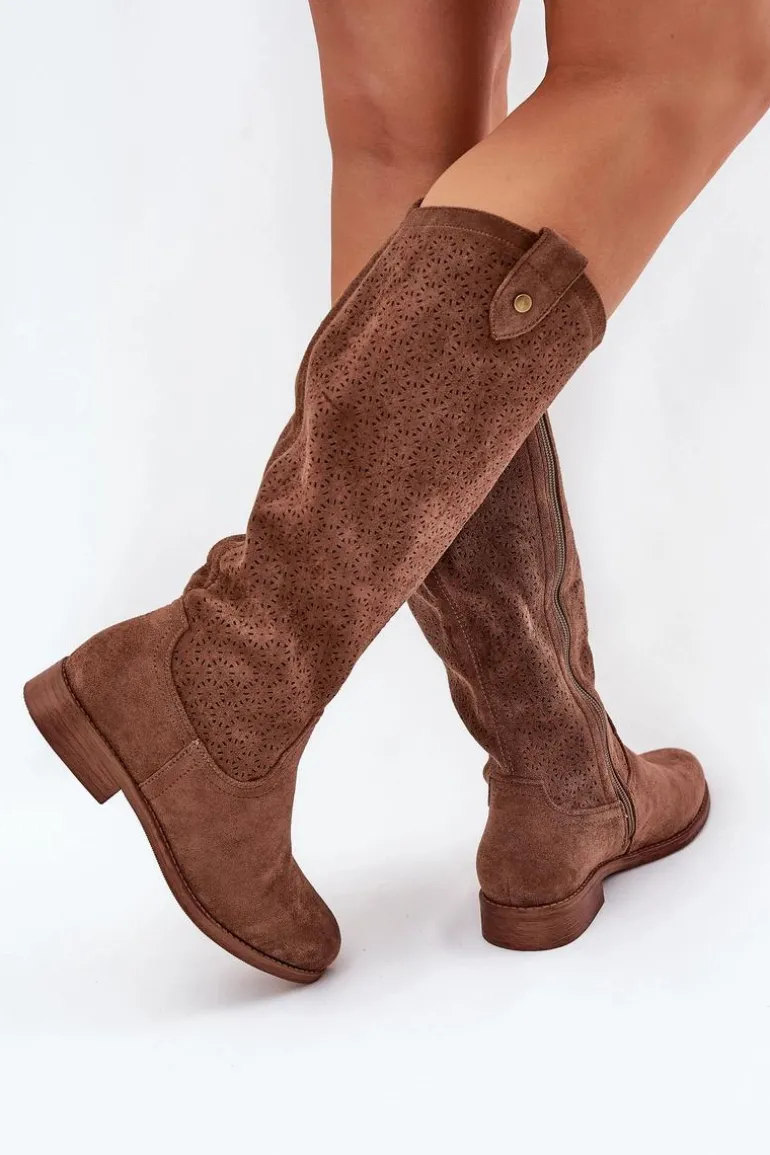 Kozaki Na Płaskim Obcasie Z Ażurowym Wzorem S.Barski HY51-062 Brązowe