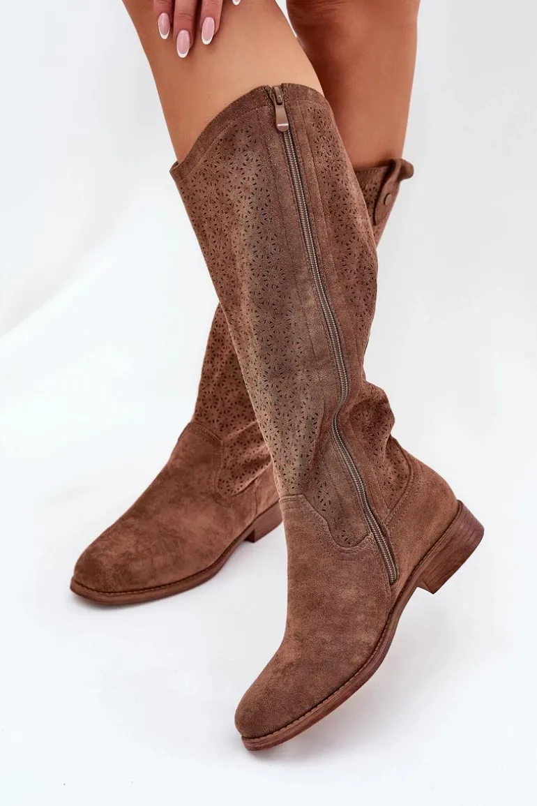 Kozaki Na Płaskim Obcasie Z Ażurowym Wzorem S.Barski HY51-062 Brązowe