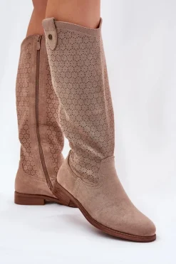 Kozaki Na Płaskim Obcasie Z Ażurowym Wzorem S.Barski HY51-062 Beżowe