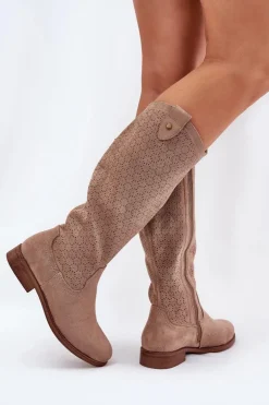 Kozaki Na Płaskim Obcasie Z Ażurowym Wzorem S.Barski HY51-062 Beżowe