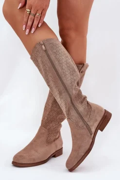 Kozaki Na Płaskim Obcasie Z Ażurowym Wzorem S.Barski HY51-062 Beżowe