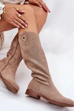 Kozaki Na Płaskim Obcasie Z Ażurowym Wzorem S.Barski HY51-062 Beżowe