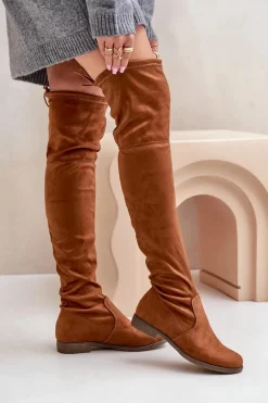 Kozaki Na Płaskim Obcasie Za Kolano Z Eko Zamszu Camel Linnithia