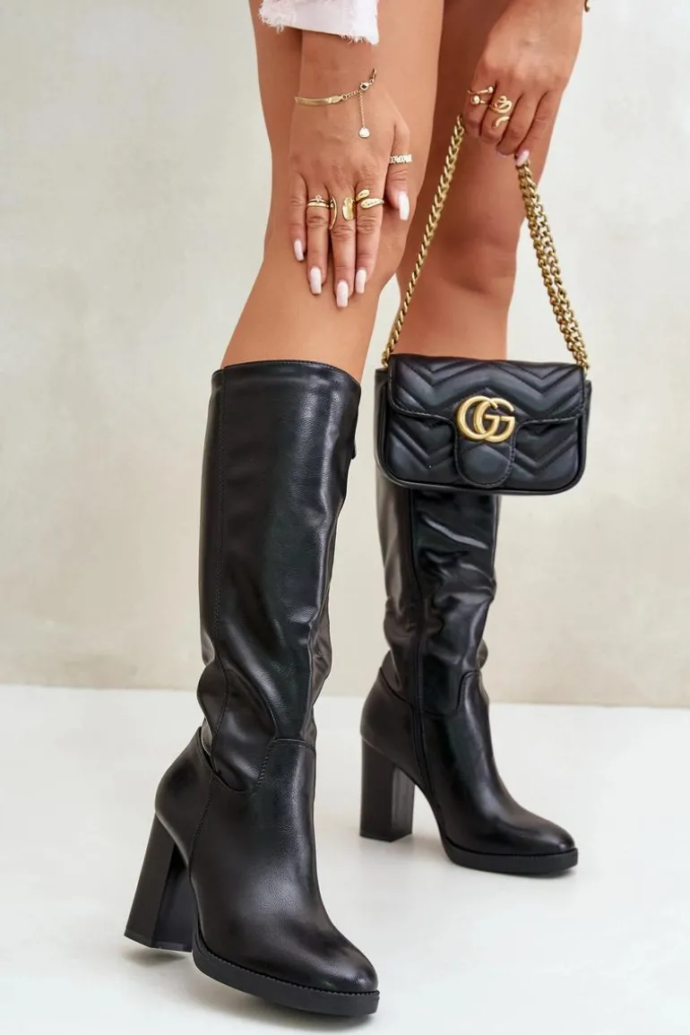 Kozaki Na Słupku Eko Skórzane Przed Kolano Czarne Riamaya