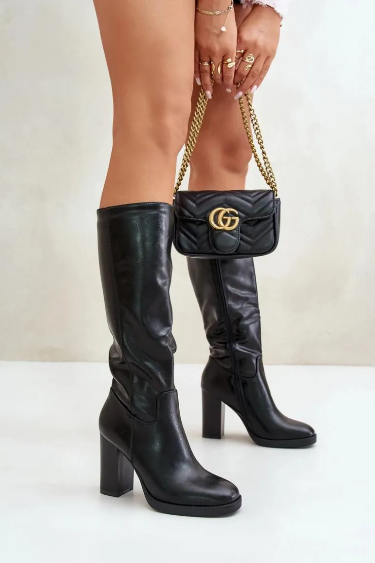 Kozaki Na Słupku Eko Skórzane Przed Kolano Czarne Riamaya