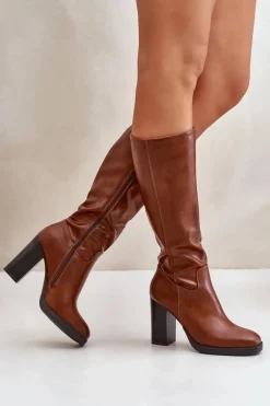 Kozaki Na Słupku Eko Skórzane Przed Kolano Camel Riamaya