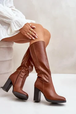 Kozaki Na Słupku Eko Skórzane Przed Kolano Camel Riamaya