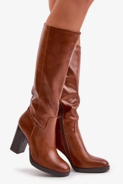 Kozaki Na Słupku Eko Skórzane Przed Kolano Camel Riamaya