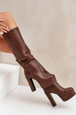 Kozaki Na Słupku I Platformie Z Eko Skóry Brązowe Felilorn