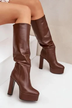 Kozaki Na Słupku I Platformie Z Eko Skóry Brązowe Felilorn