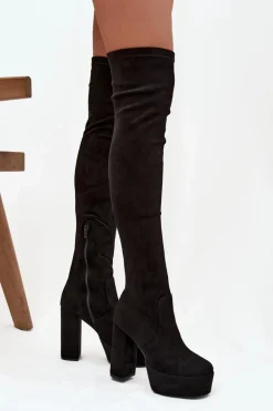 Kozaki Na Słupku I Platformie Za Kolano Eko Zamszowe Czarne Amareen