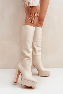 Kozaki Na Słupku I Platformie Z Eko Skóry Jasnobeżowe Felilorn