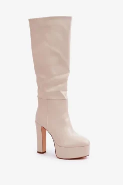 Kozaki Na Słupku I Platformie Z Eko Skóry Jasnobeżowe Felilorn