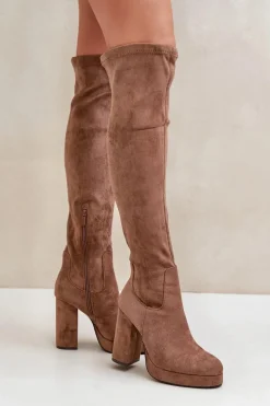 Kozaki Na Słupku I Platformie Z Cholewką Za Kolano Eko Zamszowe Ciemnobeżowe Zistaria