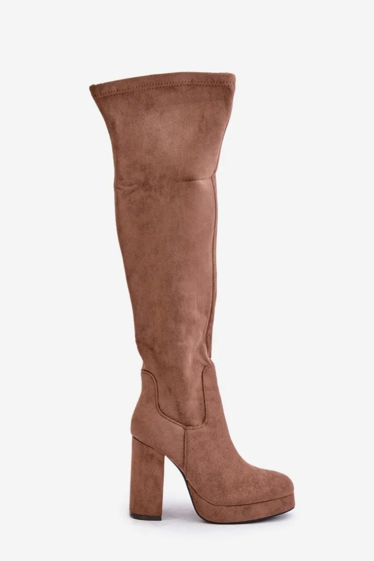 Kozaki Na Słupku I Platformie Z Cholewką Za Kolano Eko Zamszowe Ciemnobeżowe Zistaria