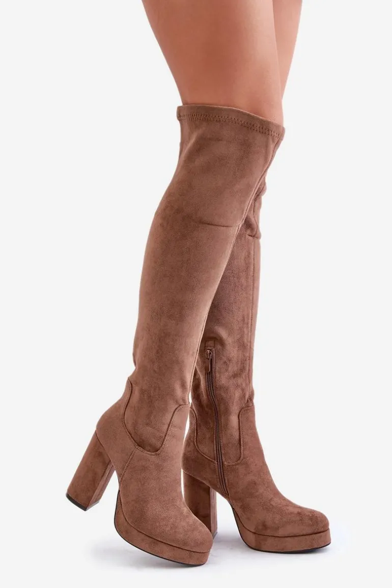 Kozaki Na Słupku I Platformie Z Cholewką Za Kolano Eko Zamszowe Ciemnobeżowe Zistaria